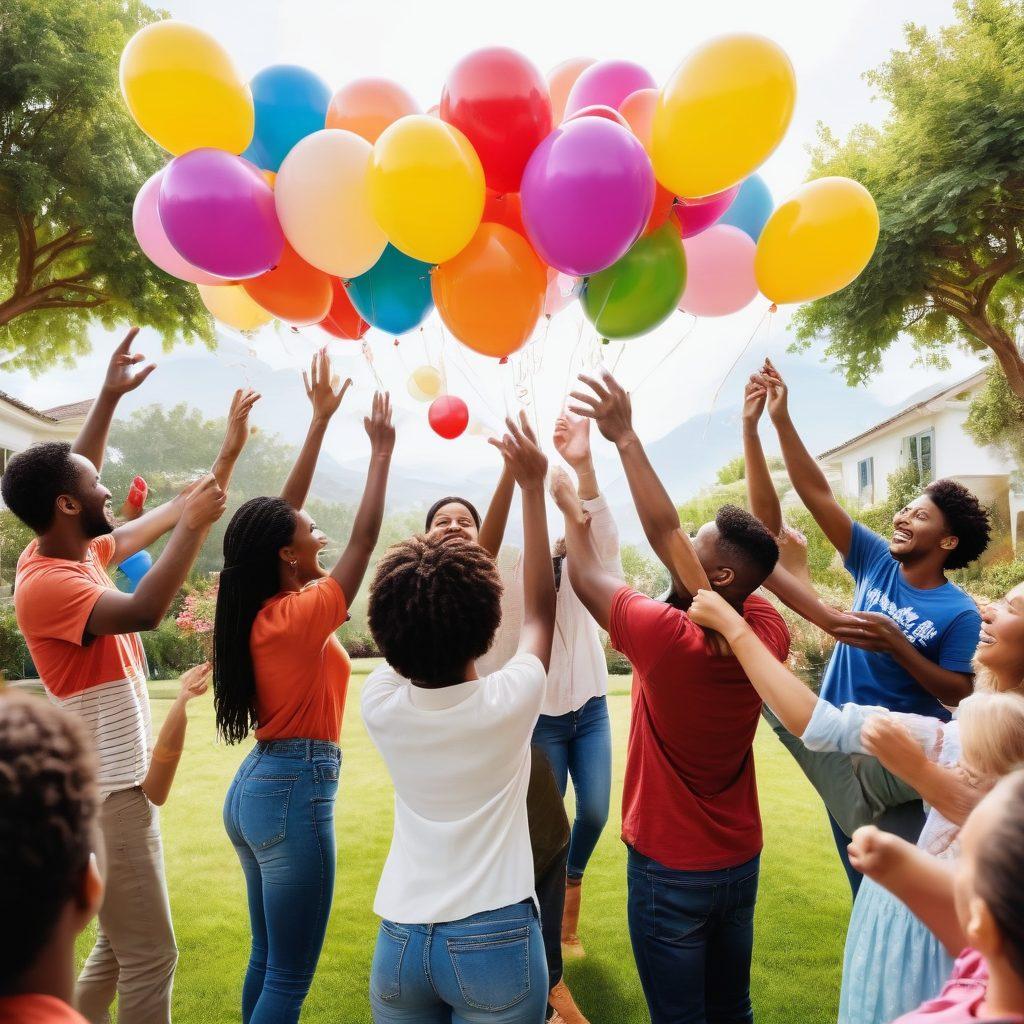 A warm scene depicting diverse people joyfully engaging in collaborative activities, highlighting positive sponsorships. Include elements like shared laughter, hands joined together in support, and vibrant balloons symbolizing celebration. The background should showcase a colorful garden representing growth and flourishing relationships. super-realistic. vibrant colors. white background.