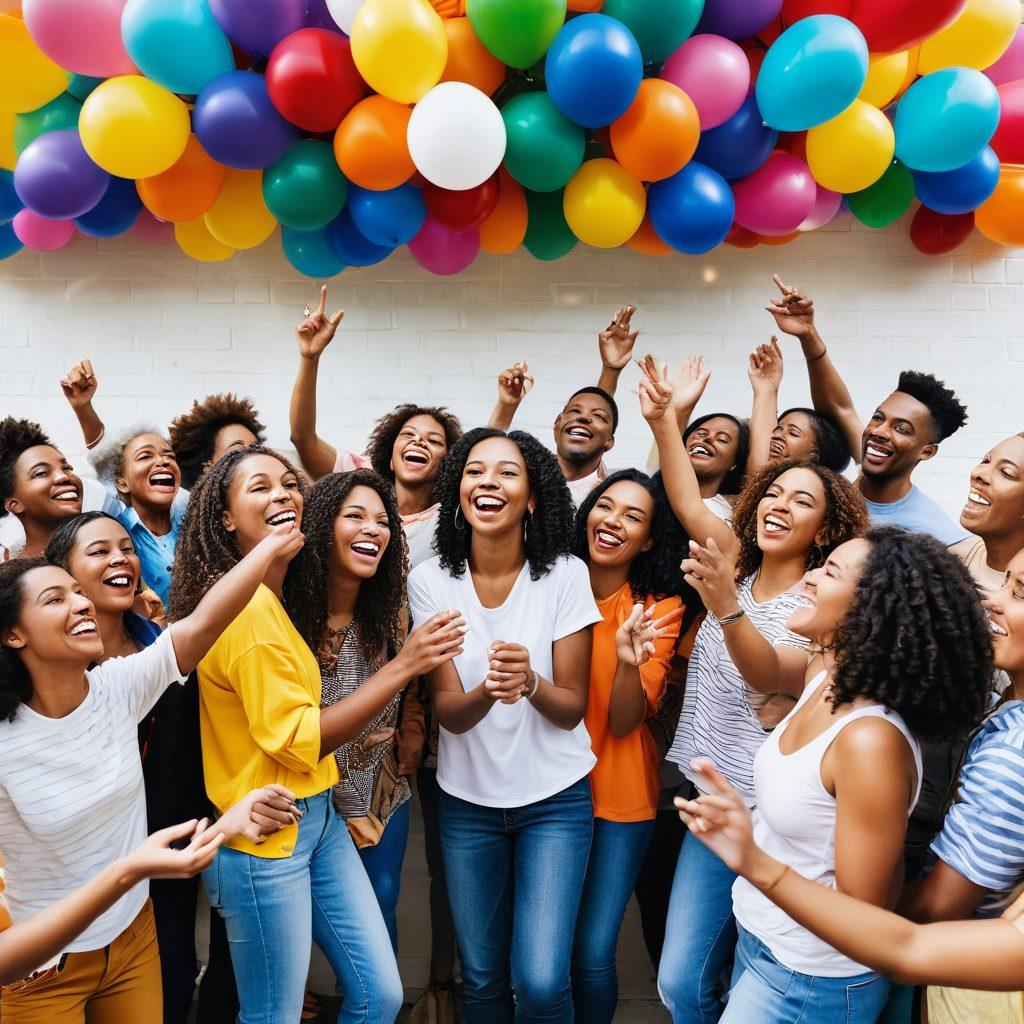 A vibrant community gathering scene, showcasing diverse individuals laughing, sharing, and collaborating under colorful decorations and balloons. In the background, a mural of interconnected hands symbolizes partnership. Use bright, cheerful colors to evoke joy and togetherness, with warm sunlight casting a positive glow. super-realistic. vibrant colors. white background.