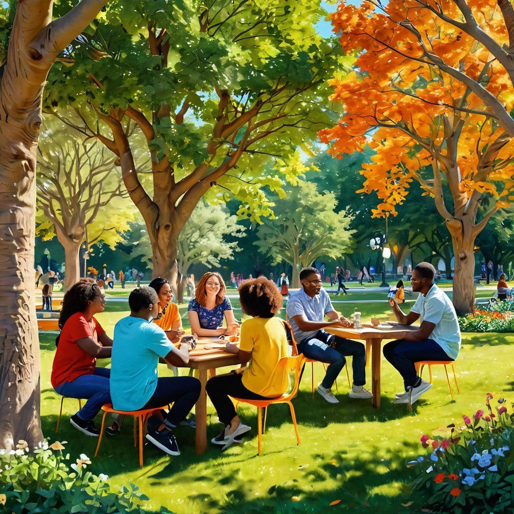 A vibrant and colorful scene depicting diverse individuals engaging in lively conversations, exchanging ideas, and laughing together in a sunny park setting. Showcase a mix of ages and backgrounds to highlight inclusivity, with soft, glowing light filtering through the trees, symbolizing warmth and positivity. Include elements of nature like blooming flowers and playful animals to evoke a cheerful atmosphere. super-realistic. vibrant colors. sunny background.